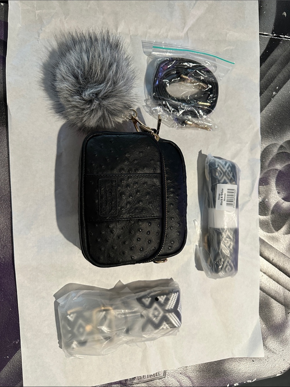 Pom Pom London Mini Black Crossbody Pouch with Gray Pom Keychain